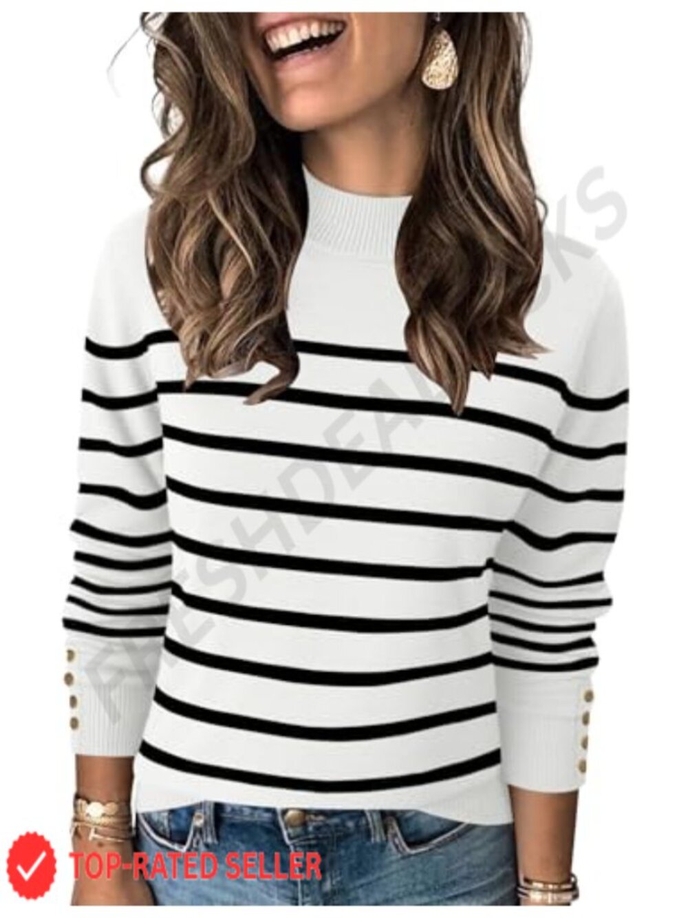 Mock Neck Long Sleeve Knit Pullover Sweater Button Cuffs Fall Winter Women